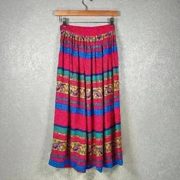 VINTAGE Chaus 80s Bright Pattern Maxi Full A-Line Pleated Skirt Women XS - Picture 9 of 10